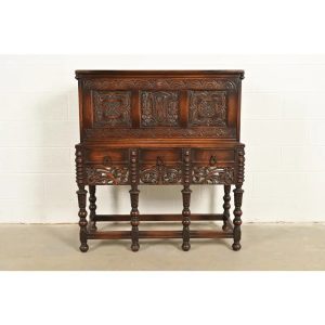 Lifetime Furniture Antique English Jacobean Carved Oak Drop Front Secretary Desk, Circa 1920s