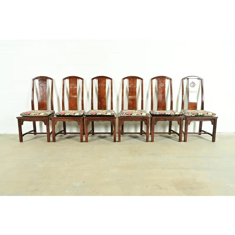 Henredon Hollywood Regency Chinoiserie Sculpted Mahogany Dining Chairs, Set of Six