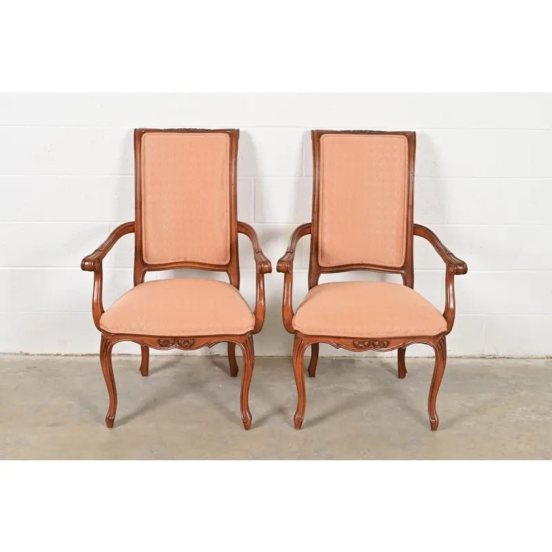 Baker Furniture French Provincial Louis XV Carved Walnut Armchairs or Dining Captain Chairs, Pair - Image 2