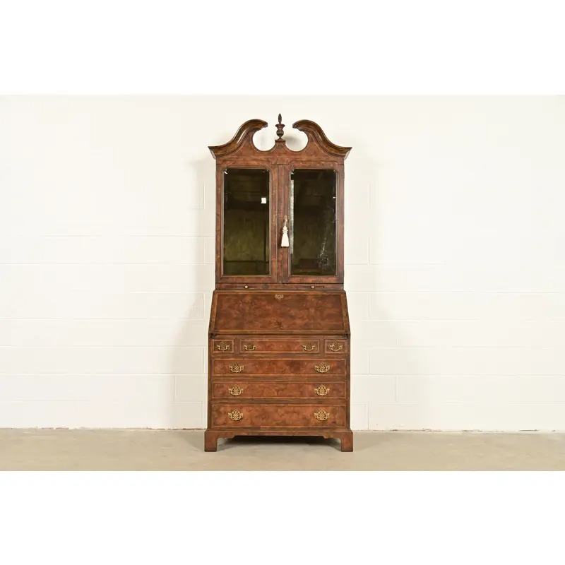 Baker Furniture Georgian Banded Burled Walnut Drop Front Secretary Desk With Bookcase Hutch - Image 2