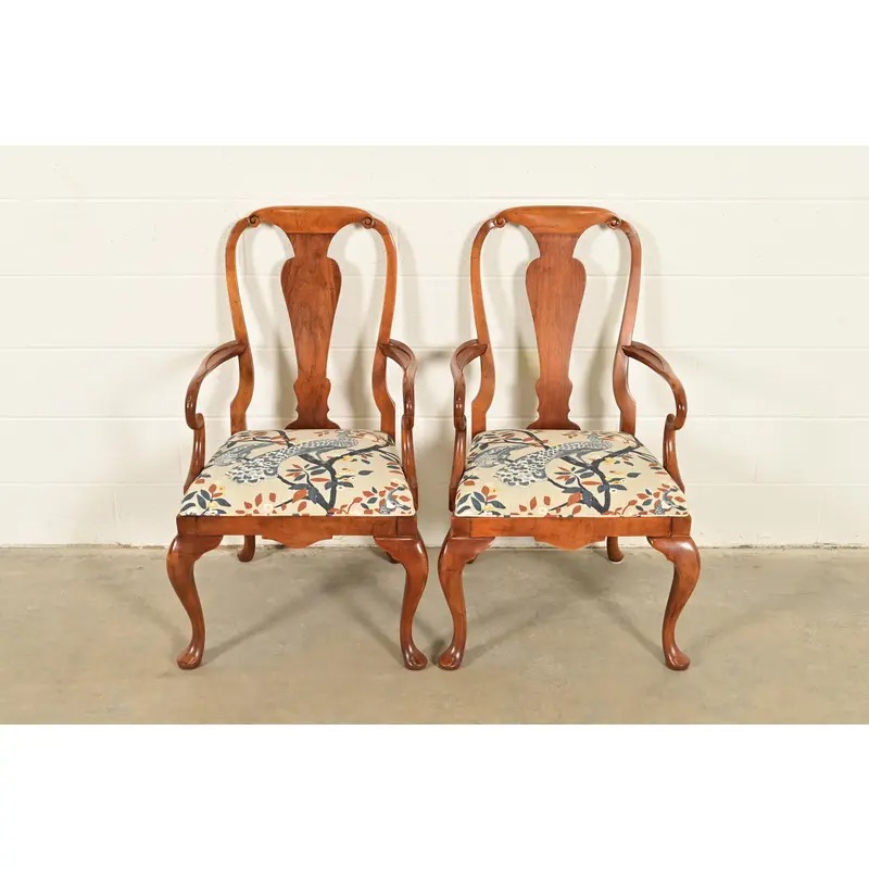 Baker Furniture Queen Anne Carved Walnut Armchairs or Dining Captain Chairs, Pair - Image 2
