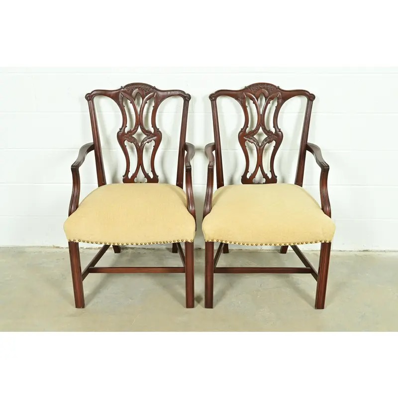 Baker Furniture Style Georgian Carved Mahogany Armchairs or Dining Captain Chairs, Pair - Image 2