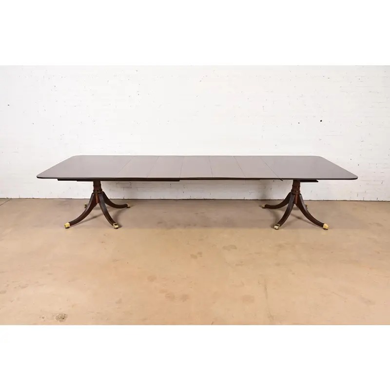 Baker Furniture Style Georgian Mahogany Double Pedestal Extension Dining Table, Newly Refinished - Image 2
