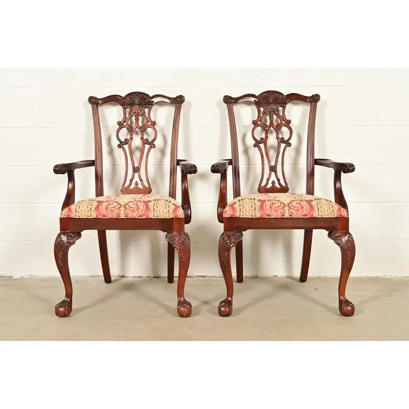 Ethan Allen Chippendale Carved Mahogany Armchairs or Dining Captain Chairs, Pair - Image 2