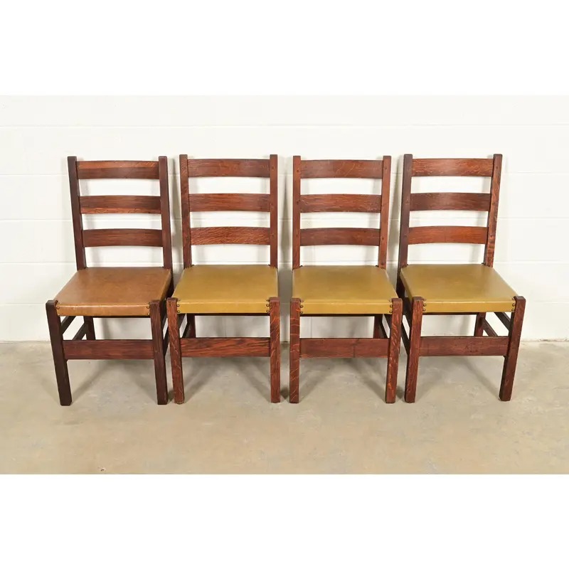 Gustav Stickley Antique Mission Oak Arts & Crafts Ladder Back Dining Chairs, Set of Four - Image 2