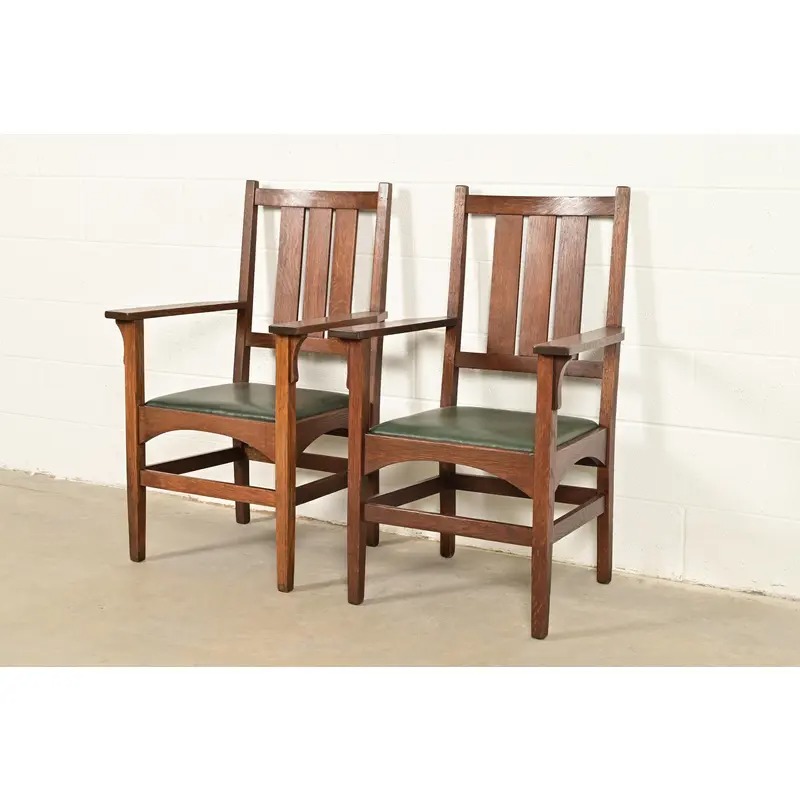 Gustav Stickley Harvey Ellis Antique Mission Oak Arts & Crafts Armchairs, Pair - Image 2