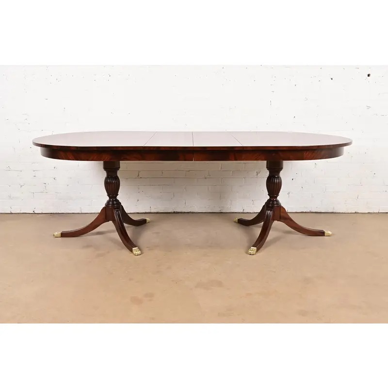 Henkel Harris Georgian Banded Mahogany Double Pedestal Extension Dining Table, Newly Refinished - Image 2