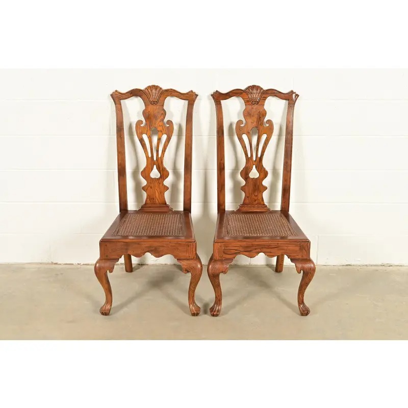 Henredon Georgian Carved Oak and Cane Side Chairs or Dining Chairs, Pair - Image 2