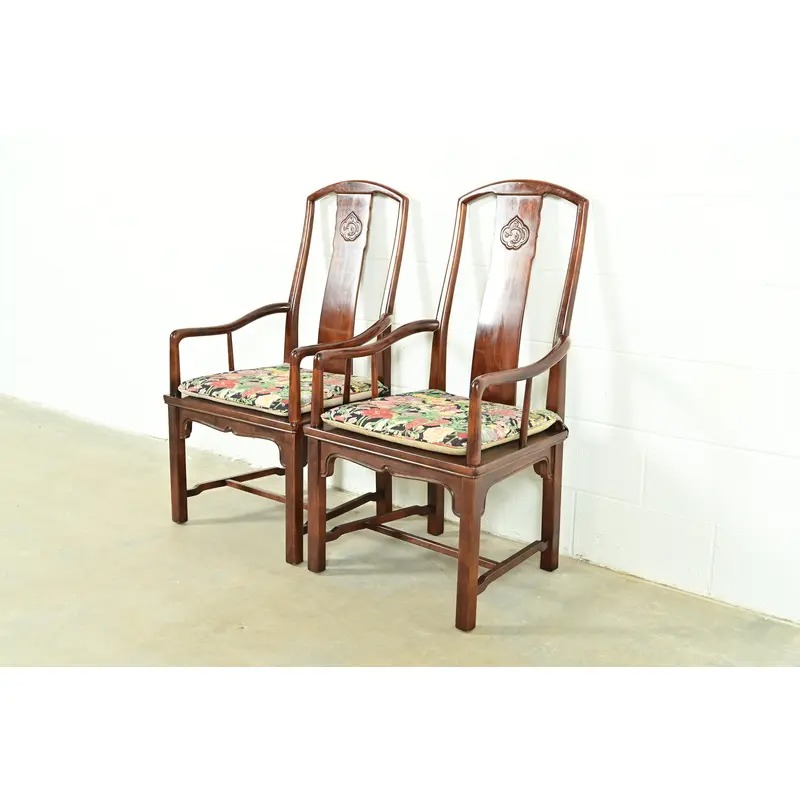 Henredon Hollywood Regency Chinoiserie Sculpted Mahogany Armchairs, Pair - Image 2