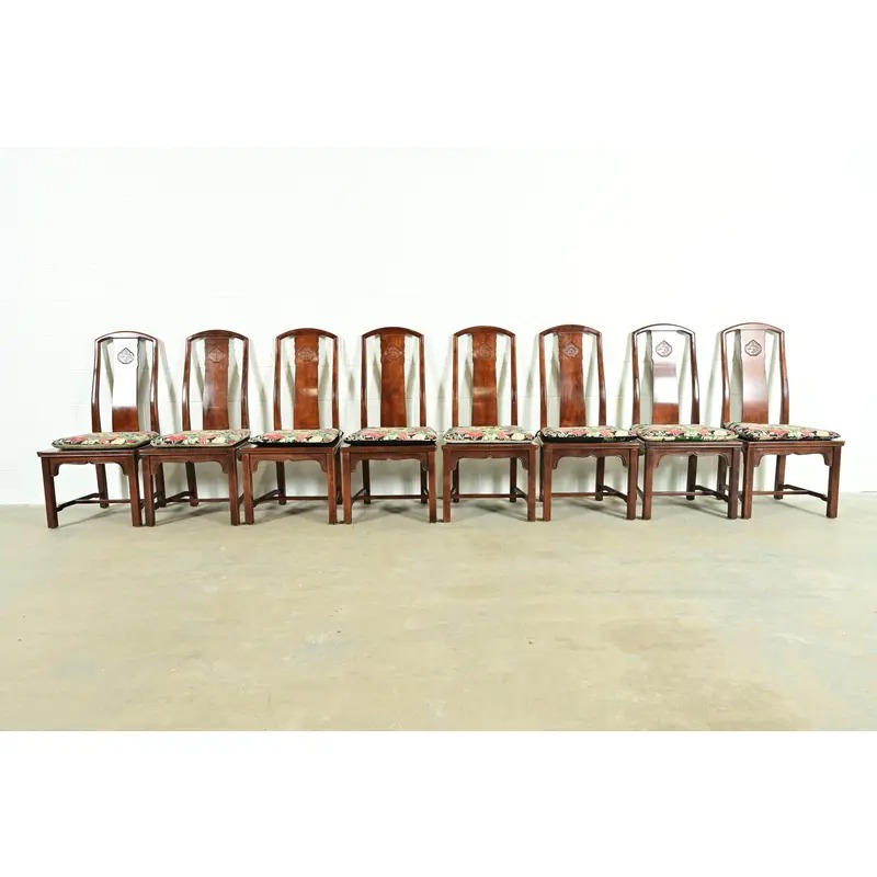 Henredon Hollywood Regency Chinoiserie Sculpted Mahogany Dining Chairs, Set of Eight - Image 2