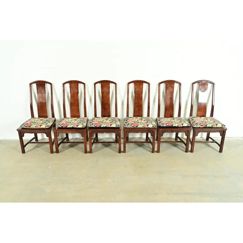 Henredon Hollywood Regency Chinoiserie Sculpted Mahogany Dining Chairs, Set of Six - Image 2