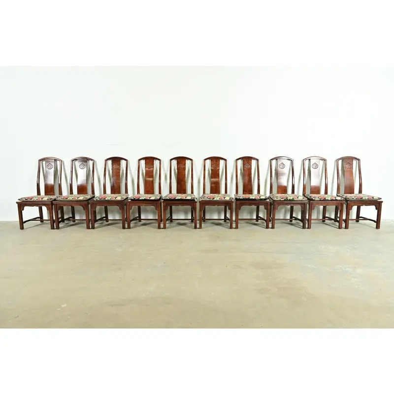 Henredon Hollywood Regency Chinoiserie Sculpted Mahogany Dining Chairs, Set of Ten - Image 2