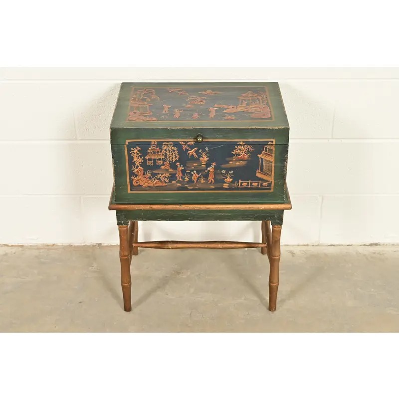 Hollywood Regency Chinoiserie Hand-Painted Green Lacquered and Gold Gilt Chest on Stand - Image 2