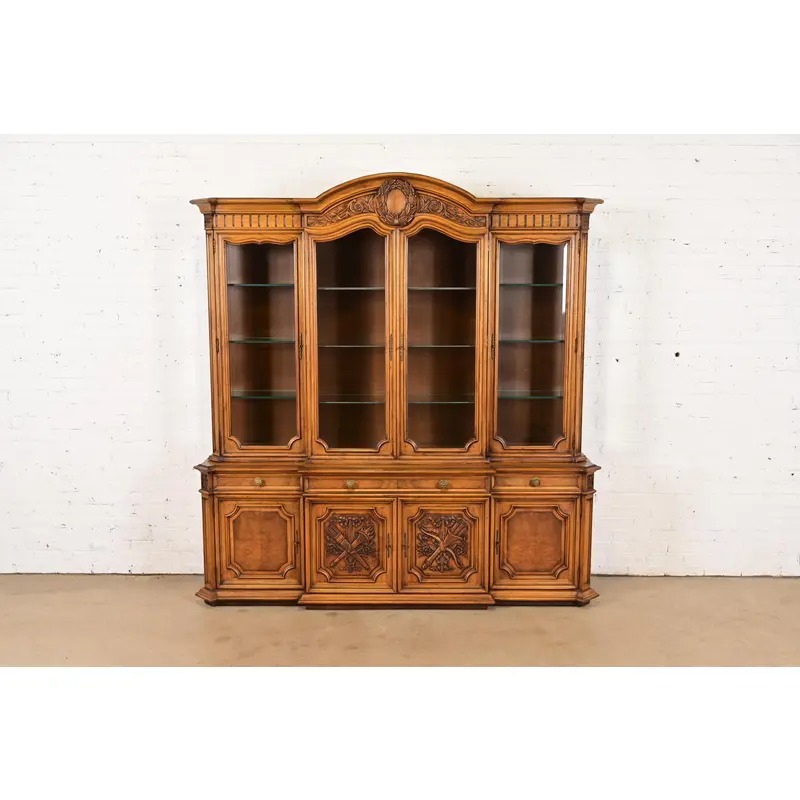 Karges French Regency Louis XVI Burled Walnut Lighted Breakfront Bookcase Cabinet, Newly Refinished - Image 2