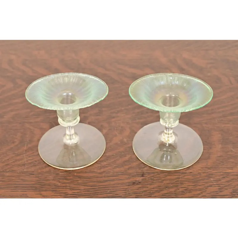 Louis Comfort Tiffany Favrile Pastel Iridescent Art Glass Candlesticks, Pair - Image 2