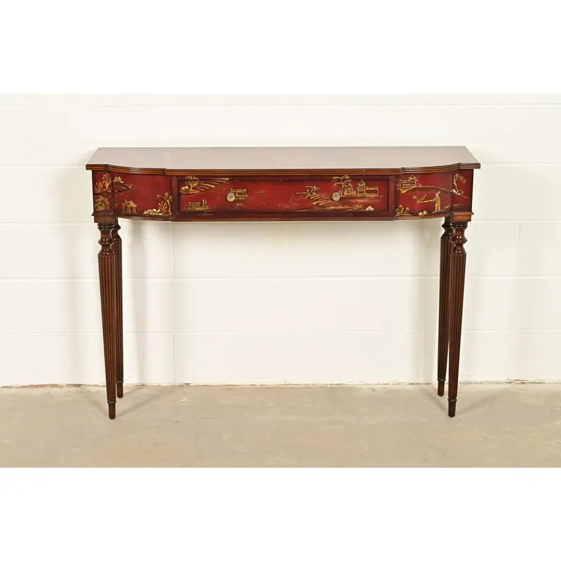 Maitland Smith English Regency Chinoiserie Hand-Painted Red Lacquered Console Table - Image 2