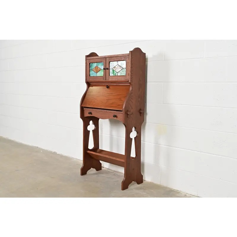 Stickley Brothers Style Antique Mission Oak Arts & Crafts Secretary Desk With Stained Glass Doors, Circa 1900 - Image 2