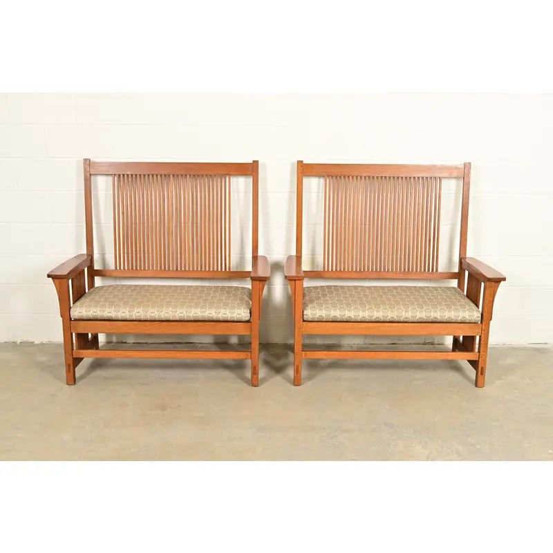 Stickley Mission Oak Arts & Crafts Spindle Benches or Settees, Pair - Image 2