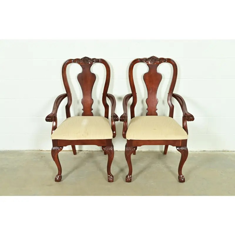Thomasville Chippendale Carved Cherry Wood Armchairs, Pair - Image 2