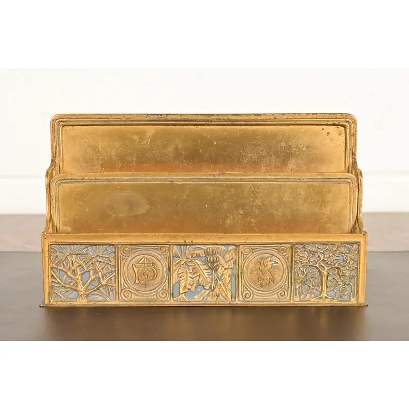 Tiffany Studios New York Bookmark Pattern Bronze Doré and Enamel Letter Rack - Image 2