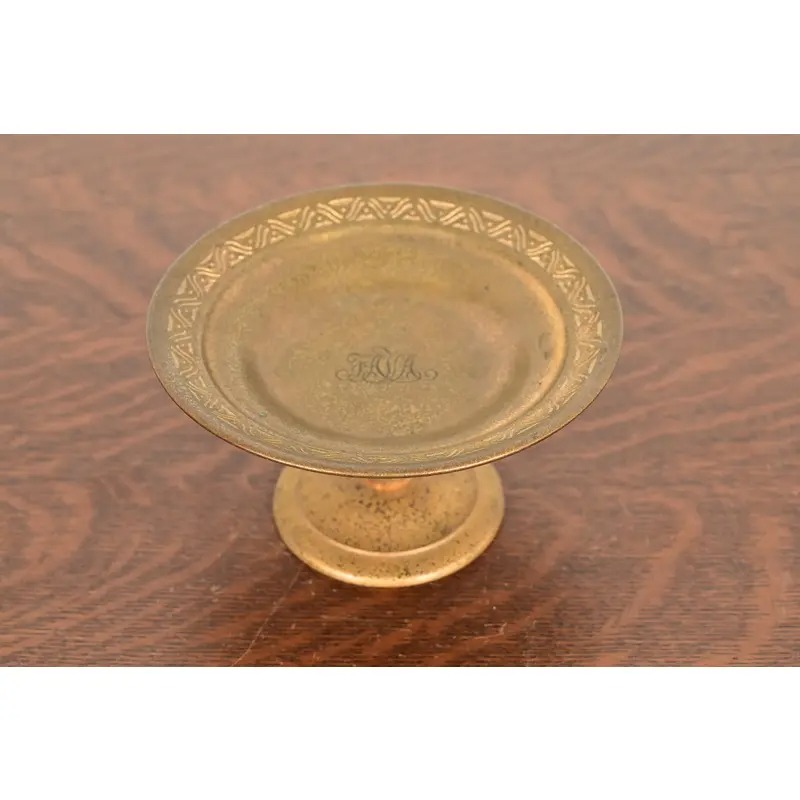 Tiffany Studios New York Bronze Doré Pedestal Bowl or Compote Dish With Decorative Border - Image 2