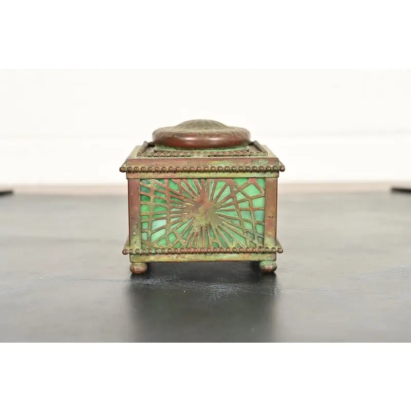 Tiffany Studios New York Pine Needle Bronze and Favrile Slag Glass Inkwell, Circa 1910 - Image 2