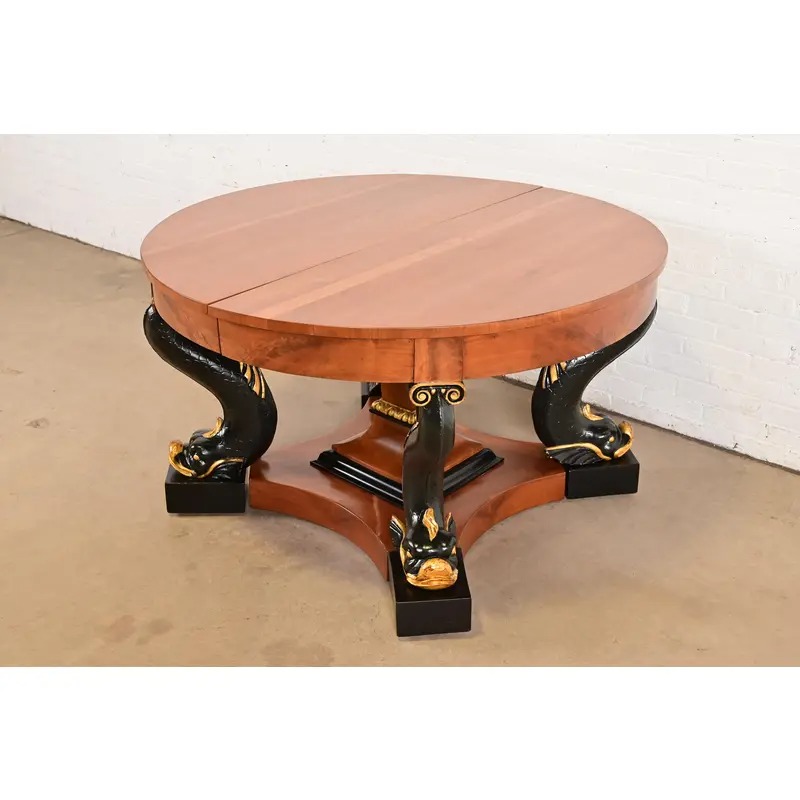 Antique Italian Regency Cherry and Burl Wood Parcel Ebonized Dolphin Base Monumental Extension Dining Table, Circa 1890s - Image 3