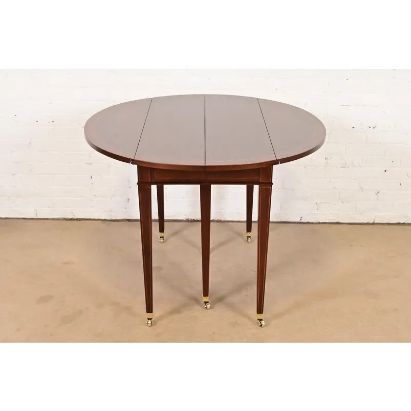 Baker Furniture Federal Banded Mahogany Drop Leaf Dining or Breakfast Table, Newly Refinished - Image 3