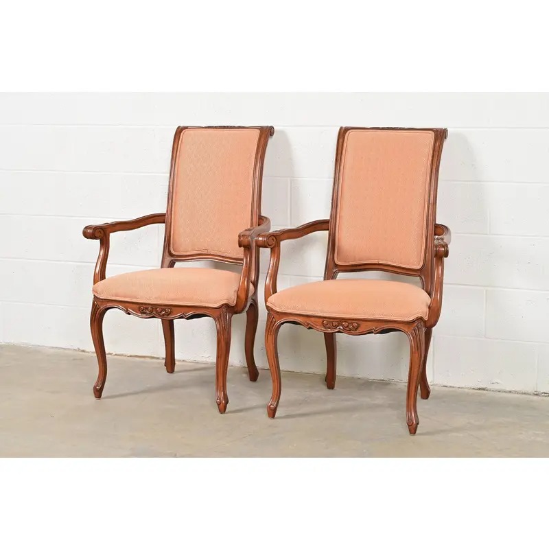 Baker Furniture French Provincial Louis XV Carved Walnut Armchairs or Dining Captain Chairs, Pair - Image 3