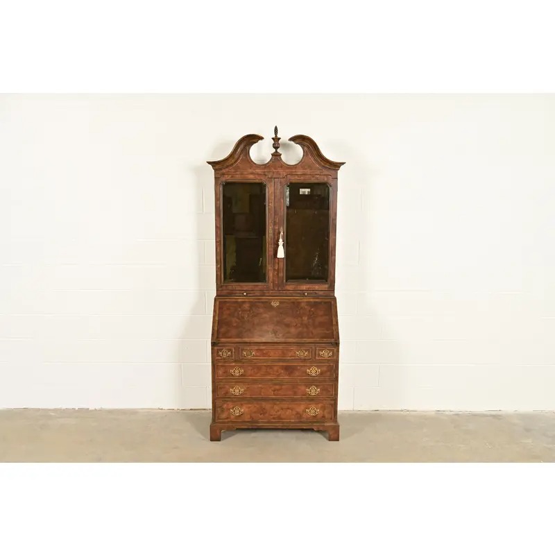 Baker Furniture Georgian Banded Burled Walnut Drop Front Secretary Desk With Bookcase Hutch - Image 3