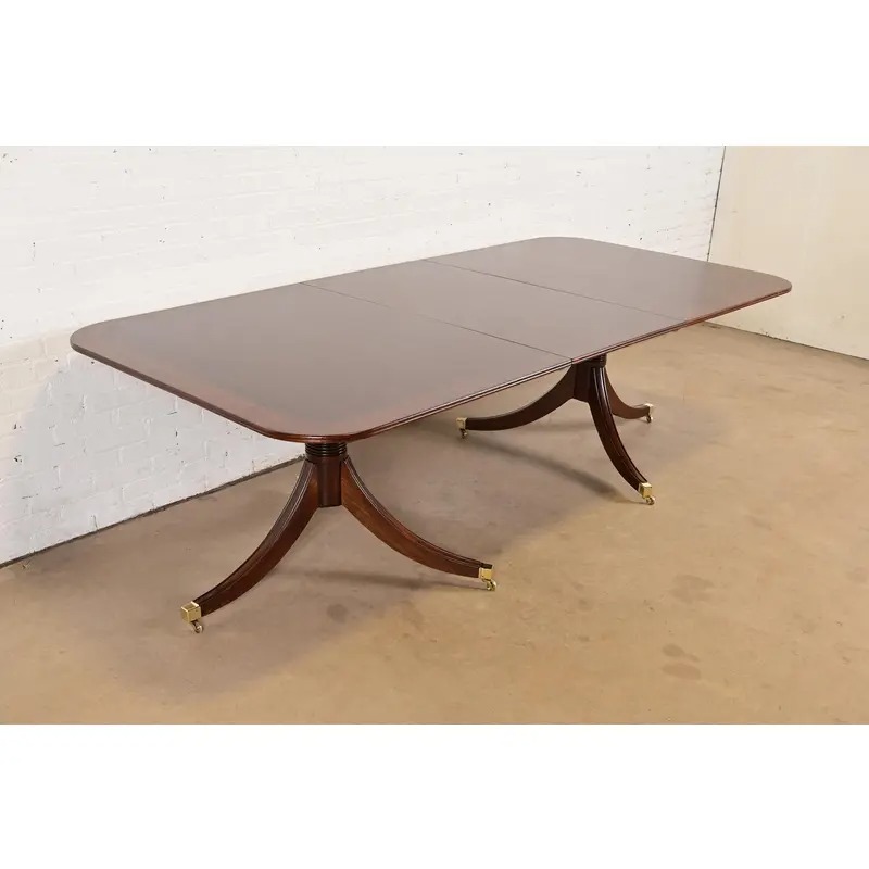 Baker Furniture Style Georgian Banded Mahogany Double Pedestal Extension Dining Table, Newly Refinished - Image 3