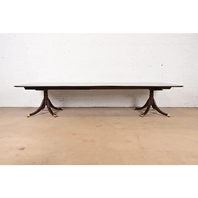 Baker Furniture Style Georgian Mahogany Double Pedestal Extension Dining Table, Newly Refinished - Image 3