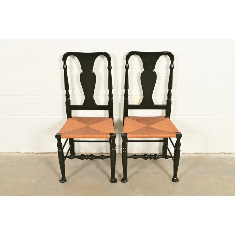 Eldred Wheeler Queen Anne Black Lacquered Side Chairs or Dining Chairs With Rush Seats, Pair - Image 3