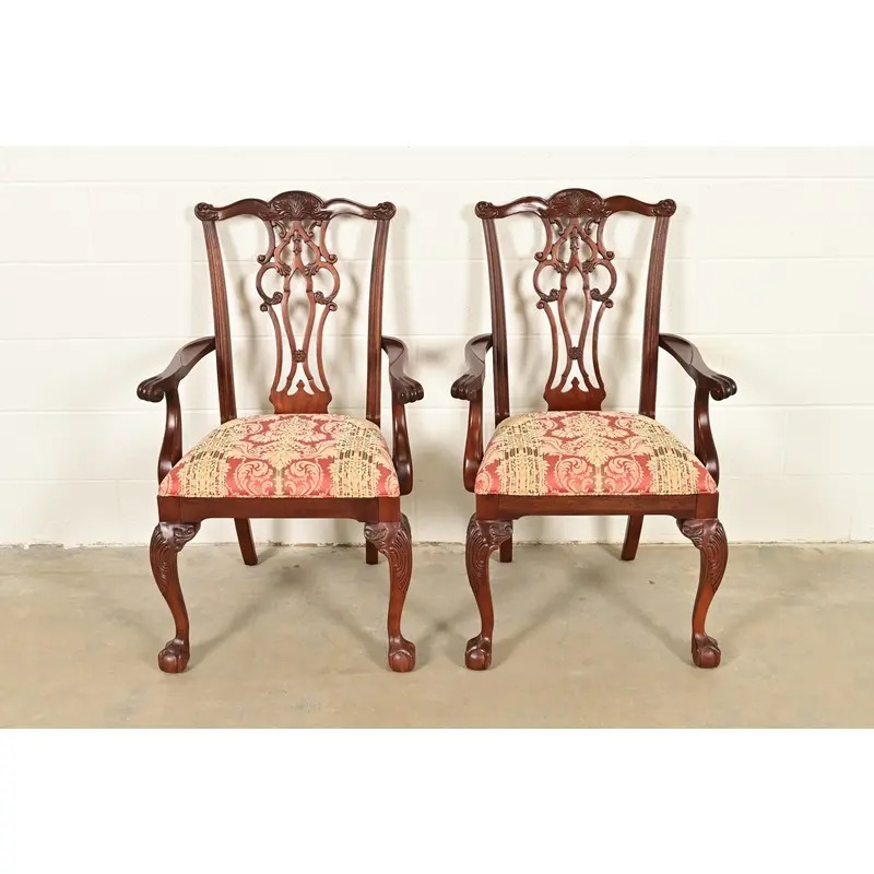 Ethan Allen Chippendale Carved Mahogany Armchairs or Dining Captain Chairs, Pair - Image 3