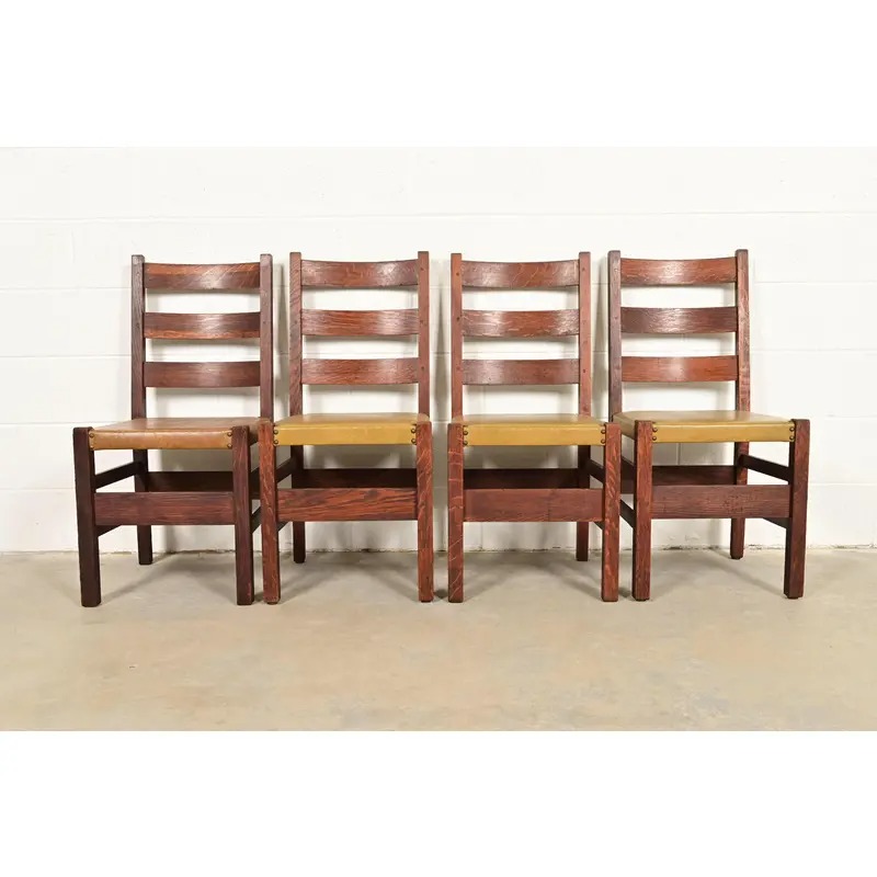 Gustav Stickley Antique Mission Oak Arts & Crafts Ladder Back Dining Chairs, Set of Four - Image 3