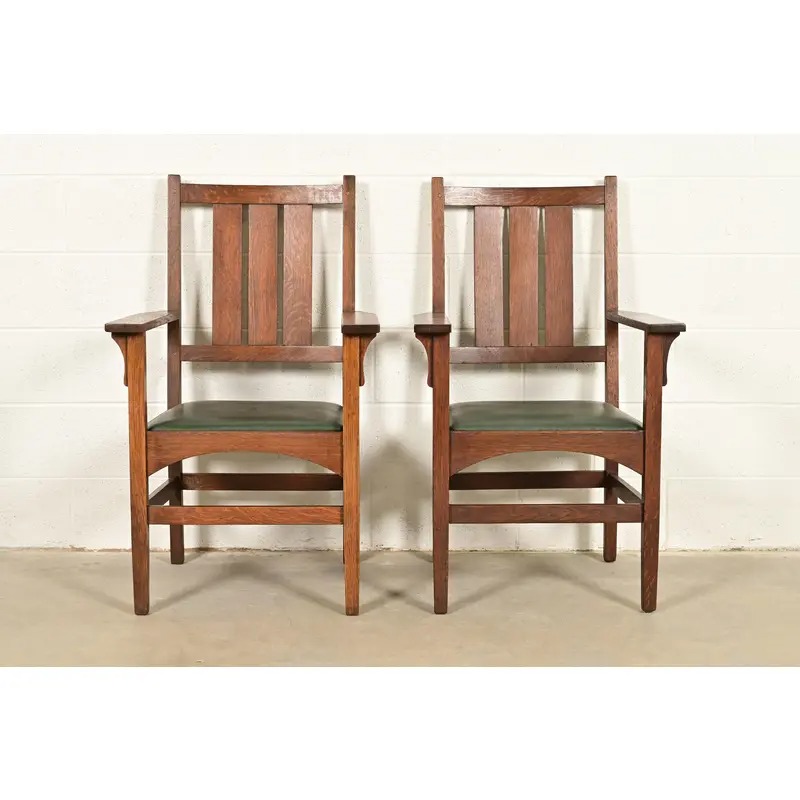 Gustav Stickley Harvey Ellis Antique Mission Oak Arts & Crafts Armchairs, Pair - Image 3
