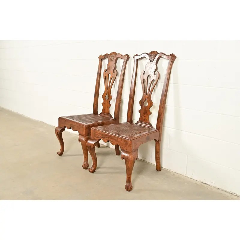 Henredon Georgian Carved Oak and Cane Side Chairs or Dining Chairs, Pair - Image 3