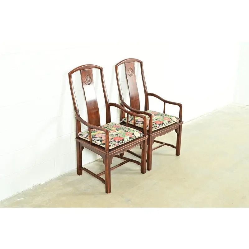 Henredon Hollywood Regency Chinoiserie Sculpted Mahogany Armchairs, Pair - Image 3