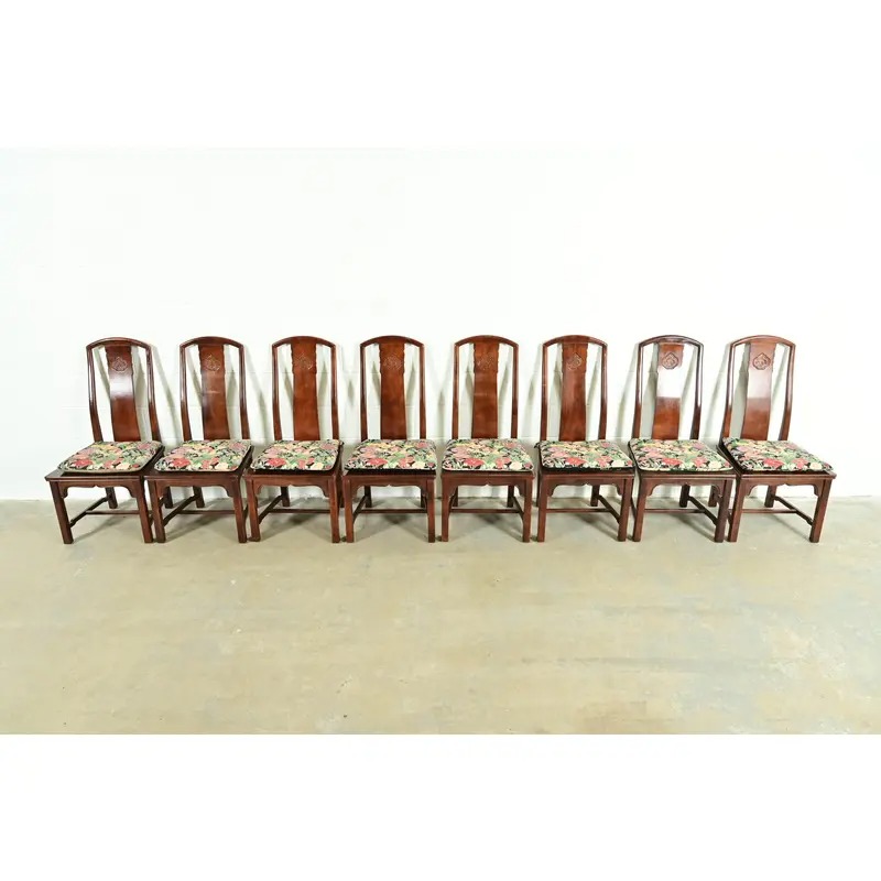 Henredon Hollywood Regency Chinoiserie Sculpted Mahogany Dining Chairs, Set of Eight - Image 3