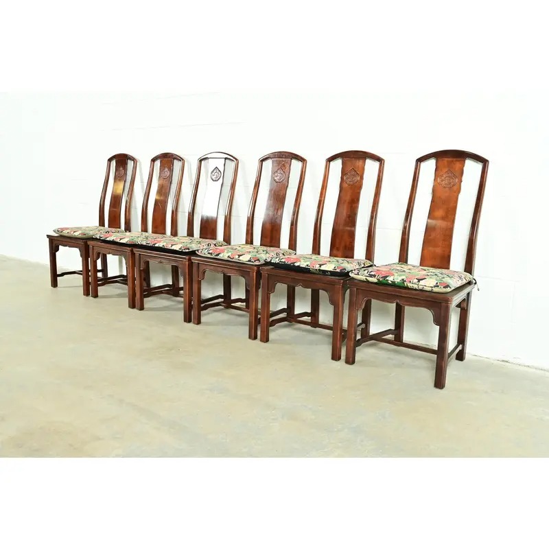 Henredon Hollywood Regency Chinoiserie Sculpted Mahogany Dining Chairs, Set of Six - Image 3