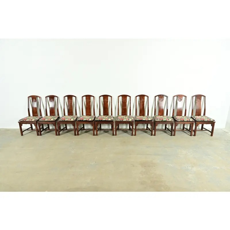 Henredon Hollywood Regency Chinoiserie Sculpted Mahogany Dining Chairs, Set of Ten - Image 3