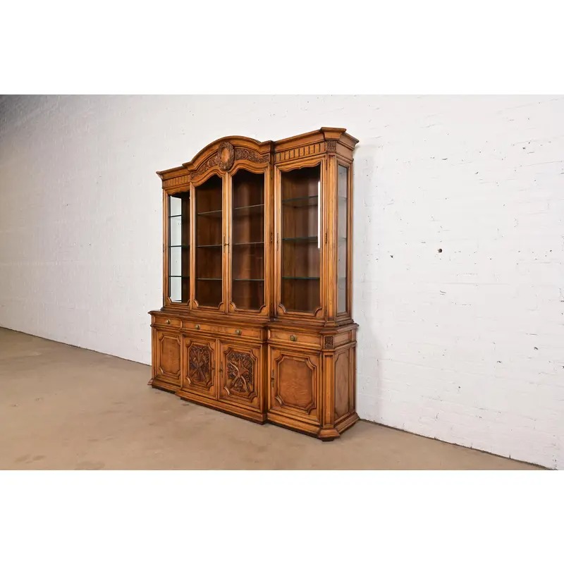 Karges French Regency Louis XVI Burled Walnut Lighted Breakfront Bookcase Cabinet, Newly Refinished - Image 3
