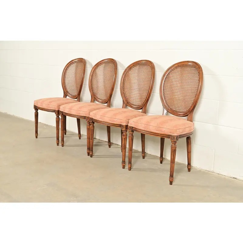 Karges French Regency Louis XVI Carved Walnut Cane Back Dining Chairs, Set of Four - Image 3