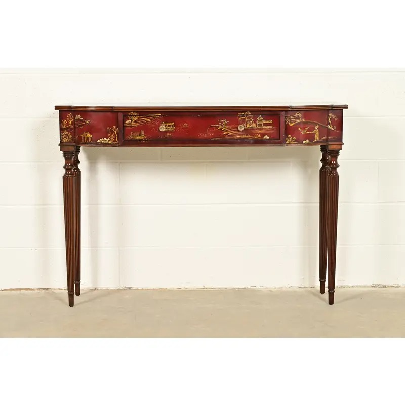Maitland Smith English Regency Chinoiserie Hand-Painted Red Lacquered Console Table - Image 3