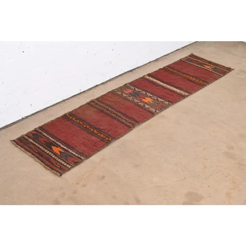 Mid-Century Modern Hand-Woven Afghan Kilim Flat Weave Runner Rug - Image 3