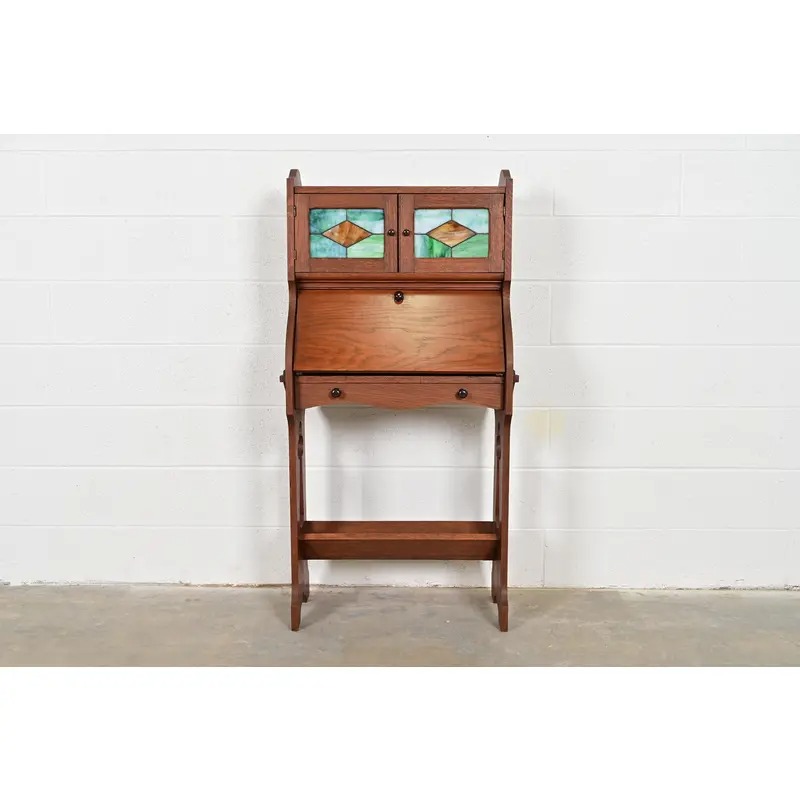 Stickley Brothers Style Antique Mission Oak Arts & Crafts Secretary Desk With Stained Glass Doors, Circa 1900 - Image 3