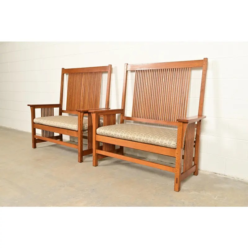 Stickley Mission Oak Arts & Crafts Spindle Benches or Settees, Pair - Image 3