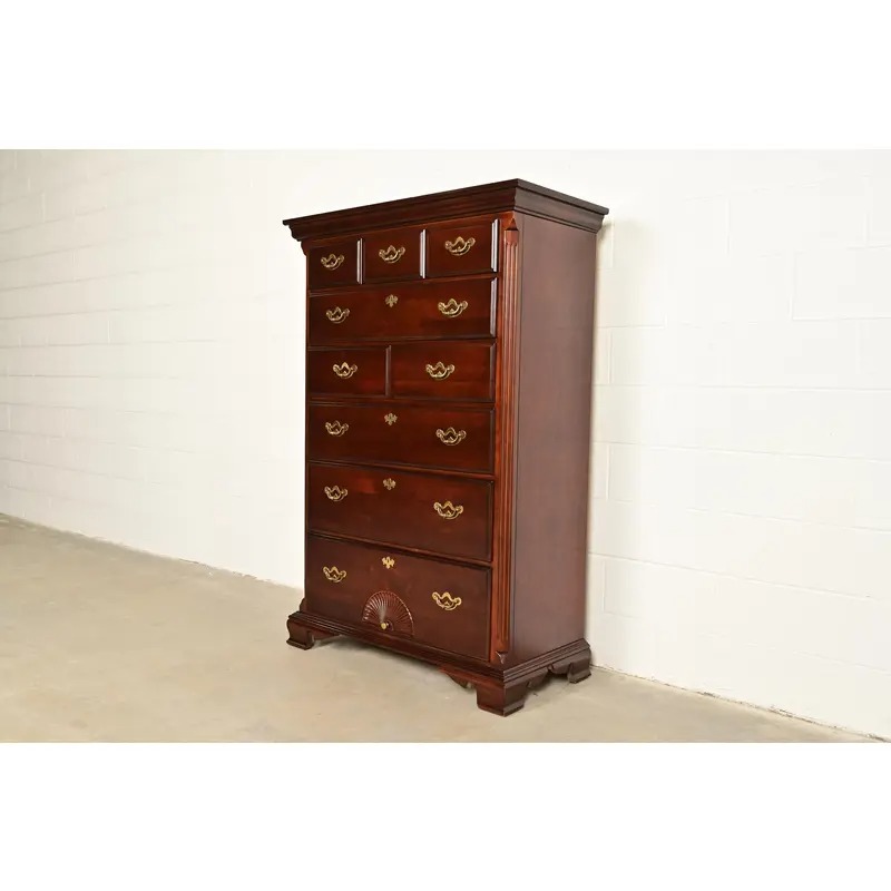 Thomasville Georgian Carved Cherry Wood Highboy Dresser, Circa 1980s - Image 2