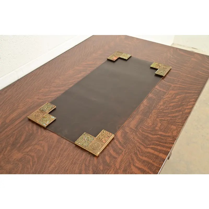 Tiffany Studios New York Bookmark Pattern Bronze Doré and Enamel Blotter Corners With Leather Desk Blotter - Image 3