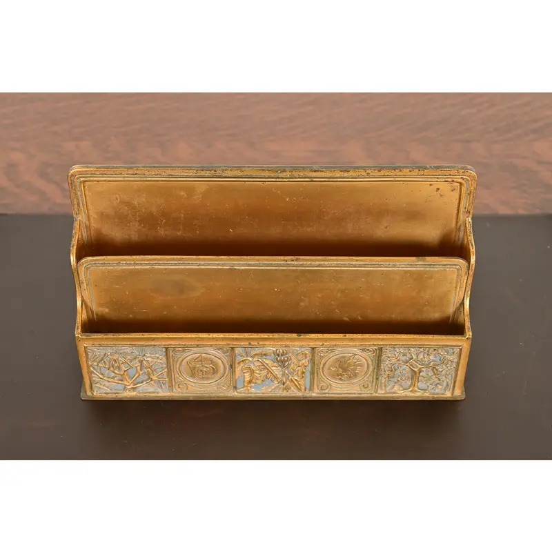 Tiffany Studios New York Bookmark Pattern Bronze Doré and Enamel Letter Rack - Image 3